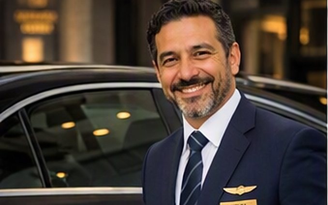 Chauffeur in pak opent de deur van een zwarte Mercedes